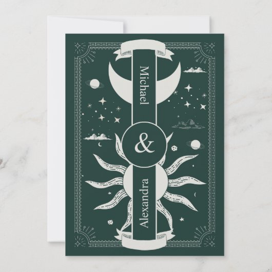 Mystical Silver en Green Sun Moon Wedding Kaart (Achterkant)