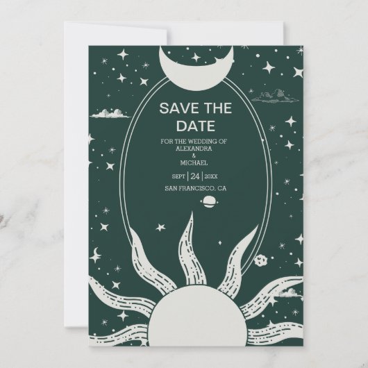 Mystical Silver en Green Sun Moon Wedding Save The Date (Voorkant)