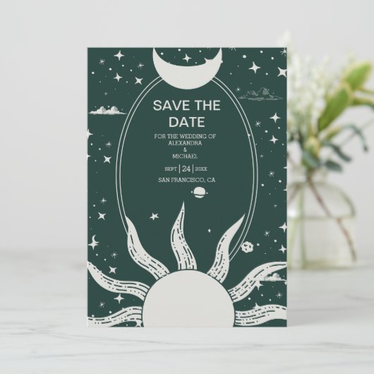 Mystical Silver en Green Sun Moon Wedding Save The Date (Staand voorkant)