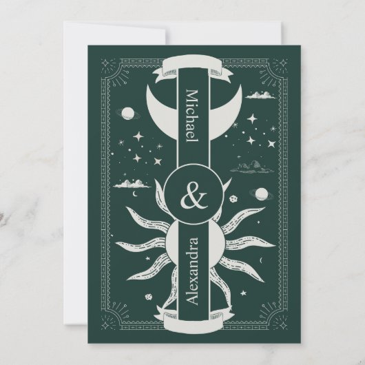 Mystical Silver en Green Sun Moon Wedding Save The Date (Achterkant)
