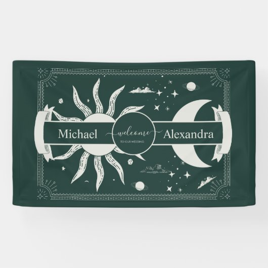 Mystical Silver en Green Sun Moon Wedding Spandoek (Horizontaal)