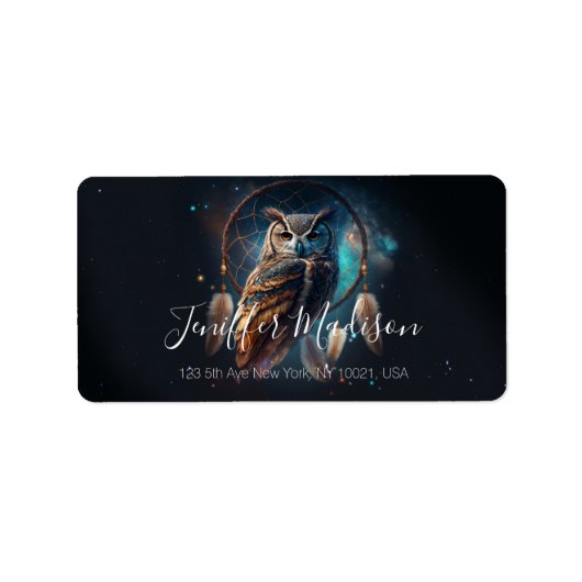 Mystical Space Owl with Dreamcatcher Art Etiket (Voorkant)