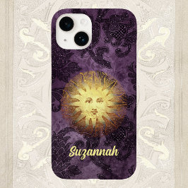 Mystical Sun Face op Paarse Faux Brocade Case-Mate iPhone 14 Hoesje
