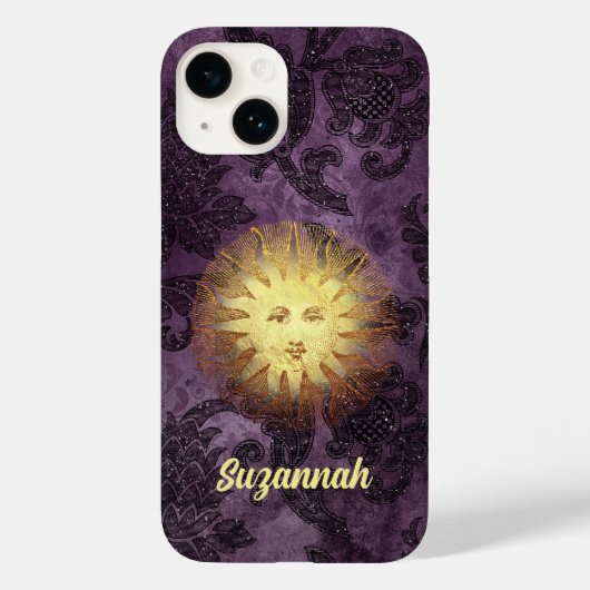 Mystical Sun Face op Paarse Faux Brocade Case-Mate iPhone Case (Achterkant)