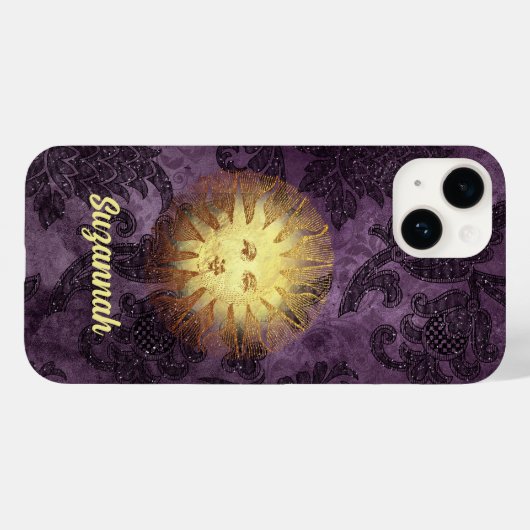 Mystical Sun Face op Paarse Faux Brocade Case-Mate iPhone Case (Achterkant (horizontaal))