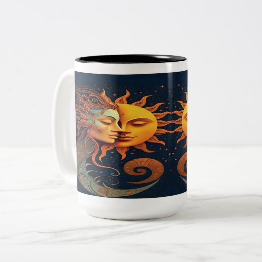 Mystical Sun & Moon Mug – Celestial Art Coffee Cup Tweekleurige Koffiemok (Voorkant links)