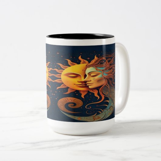 Mystical Sun & Moon Mug – Celestial Art Coffee Cup Tweekleurige Koffiemok (Voorkant rechts)