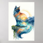 Mystical Sunset Cat Double Exposure Watercolor Poster (Voorkant)