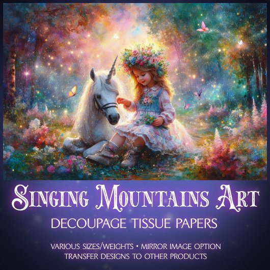 Mystical Unicorn and Girl In Forest Decoupage  Tissuepapier