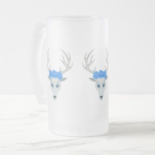 Mystical white Deer Head Antlers met blauw Roos Matglas Bierpul (Voorkant links)