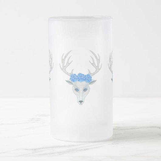 Mystical white Deer Head Antlers met blauw Roos Matglas Bierpul (Center)