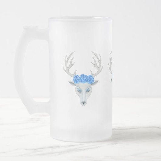 Mystical white Deer Head Antlers met blauw Roos Matglas Bierpul (Links)