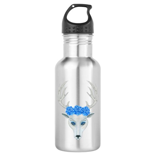 Mystical White Deer Head met blauwe Rozen Antler Waterfles (Voorkant)