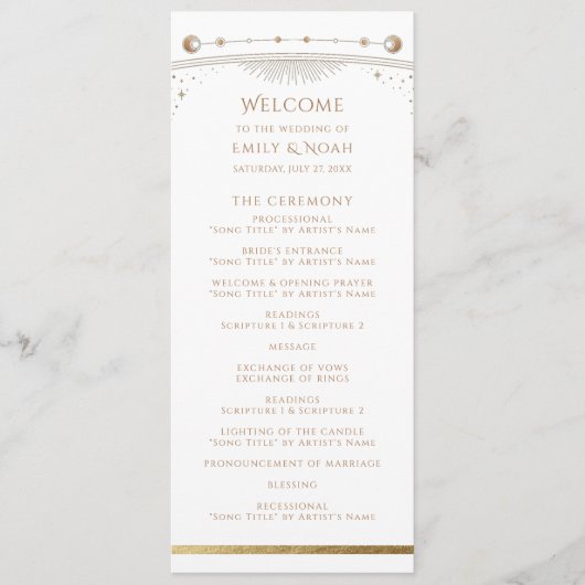 Mystical White Gold Sun Star Moon Astronomie Space Programmakaart (Voorkant)