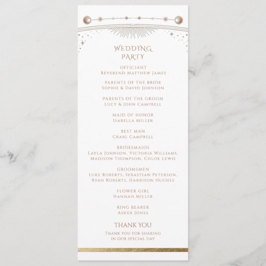 Mystical White Gold Sun Star Moon Astronomie Space Programmakaart (Achterkant)