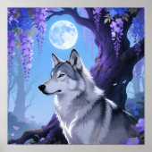 Mystical Wolf and Wisteria Moon Fantasy Art Print (Voorkant)