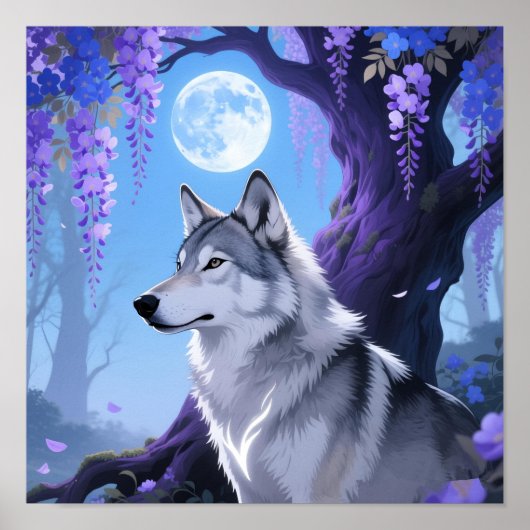 Mystical Wolf and Wisteria Moon Fantasy Art Print (Voorkant)