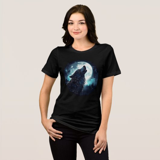 Mystical Wolf Howling at Full Moon Tri-Blend Shirt (Voorkant volledig)