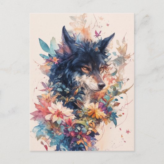 Mystical Wolf in Vibrant Watercolor Blooms Briefkaart (Voorkant)