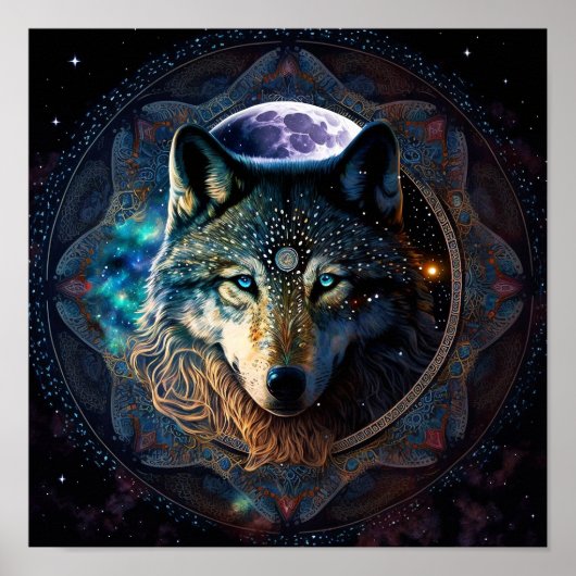Mystical Wolf Moon Mandala Poster (Voorkant)