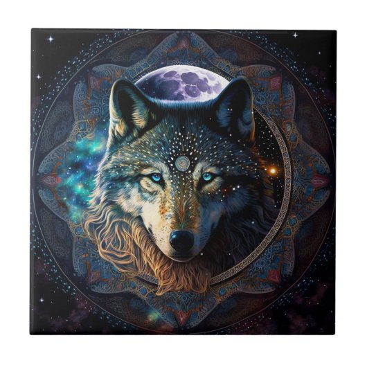 Mystical Wolf Moon Mandala Tegeltje (Voorkant)