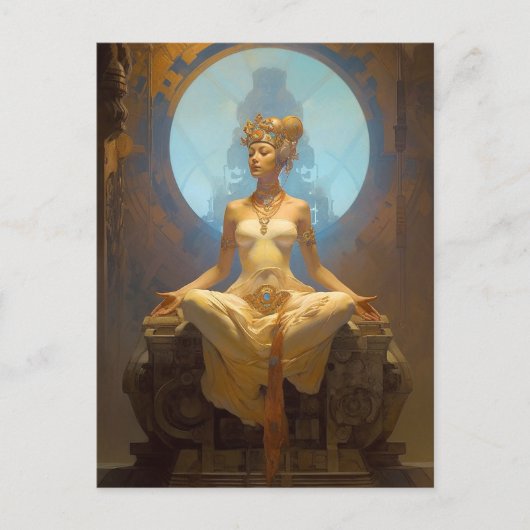 Mystical Woman Meditating Blue Gold Fantasy Art Briefkaart (Voorkant)