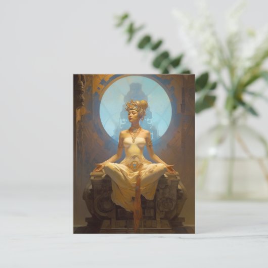 Mystical Woman Meditating Blue Gold Fantasy Art Briefkaart (Staand voorkant)