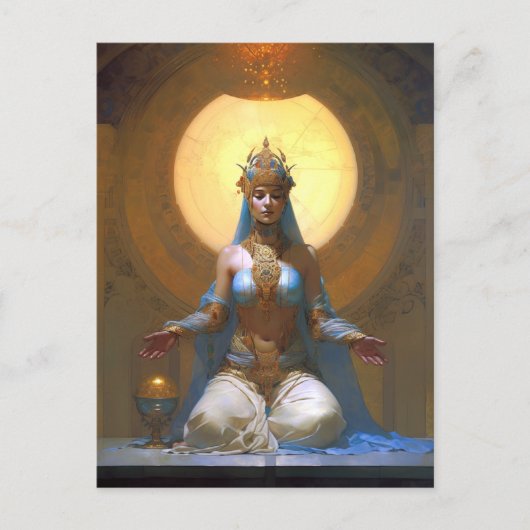 Mystical Woman Meditating Blue Gold Fantasy Art Briefkaart (Voorkant)