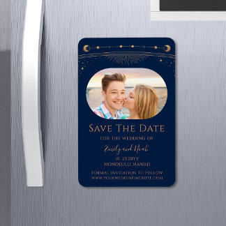 Mystiek Blauw Goud Zon Maan Star Save The Date Magneet