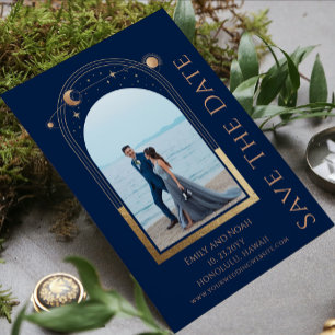 Mystiek Blauw Goud Zon Maan Star Space Bruiloft Save The Date