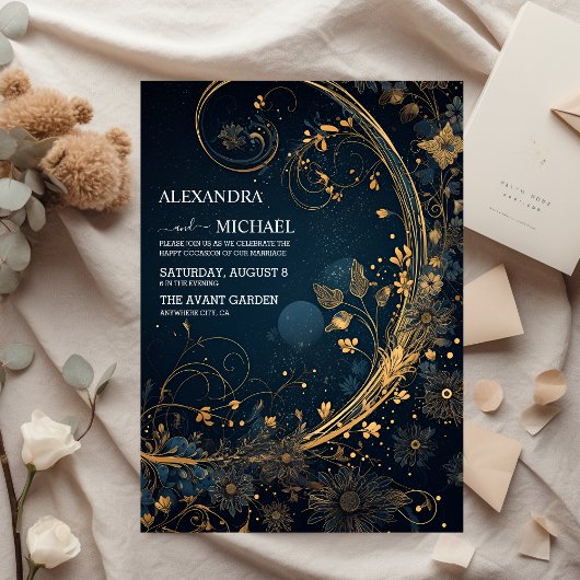 Mystiek Blauw Midnight Goud Hemelse Bruiloft Kaart