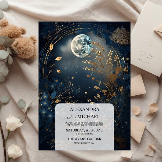 Mystiek Blauw Midnight Goud Hemelse Bruiloft Kaart