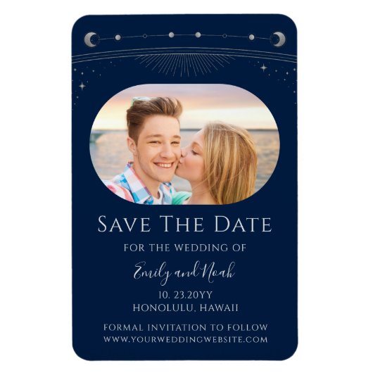 Mystiek Blauw Zilver Zon Maan Sterren Bruiloft Magneet (Verticaal)