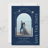 Mystiek Blauw Zilver Zon Maan Sterren Bruiloft Save The Date (Voorkant)