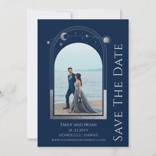 Mystiek Blauw Zilver Zon Maan Sterren Bruiloft Save The Date (Voorkant)