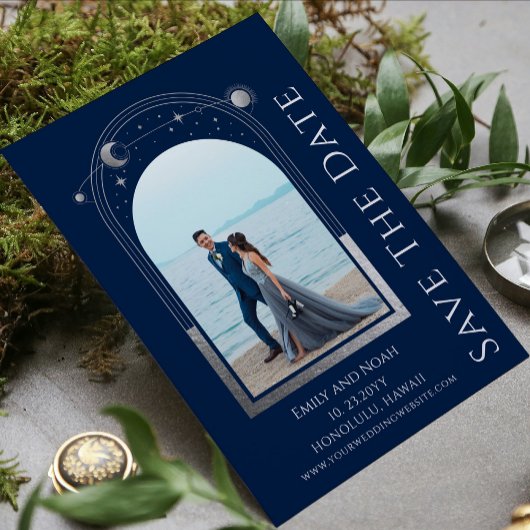 Mystiek Blauw Zilver Zon Maan Sterren Bruiloft Save The Date