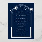 Mystiek Blauw Zilver Zon Maan Sterren Foto Bruilof Folie Uitnodiging (Voorkant)