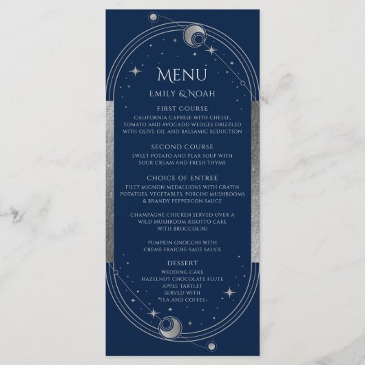 Mystiek Blauw Zilver Zon Maan Sterren Ruimte Bruil Menu (Voorkant)