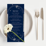 Mystiek Blauw Zilver Zon Maan Sterren Ruimte Bruil Menu<br><div class="desc">Mystical Blue Silver Sun Moon Stars Space Wedding Menu Kaarten zijn voorzien van een zilveren zon, maan en sterren lijst op een blauwe achtergrond met uw menugegevens in het midden in modern zilveren kalligrafieschrift. Personaliseer door de tekst in de tekstvakken te bewerken. Ontworpen voor u door Evco Studio © op...</div>