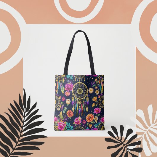 Mystiek bohemien bloemenmarine goudpatroon tote bag
