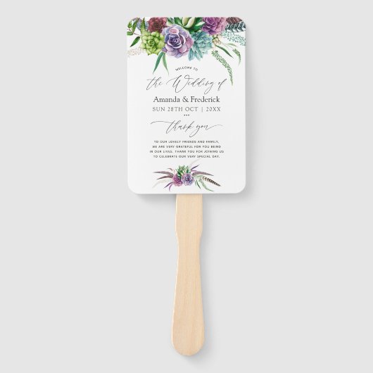 Mystiek Boho Waterverf Succulent Trouwprogramma Handwaaier (Voorkant)