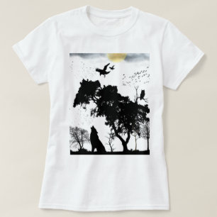 mystiek bos wild silhouet retro zonsondergang t-shirt