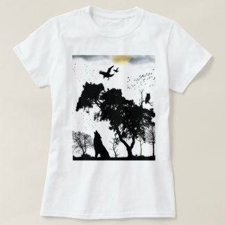 mystiek bos wild silhouet retro zonsondergang t-shirt