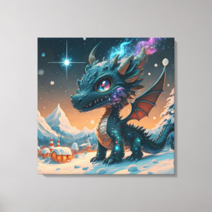 Mystiek Chibi Dragon Winterlandschap Canvas Afdruk
