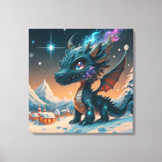 Mystiek Chibi Dragon Winterlandschap Canvas Afdruk (Voorkant)
