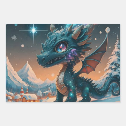 Mystiek Chibi Dragon Winterlandschap Inpakpapier Vel (Voorkant)