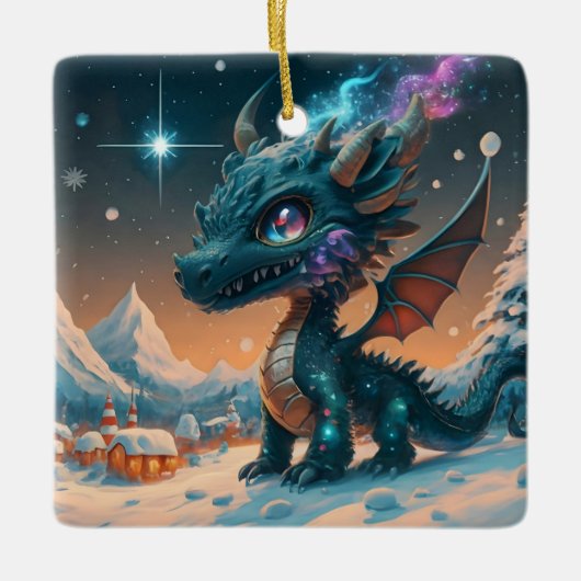 Mystiek Chibi Dragon Winterlandschap Keramisch Ornament (Voorkant)