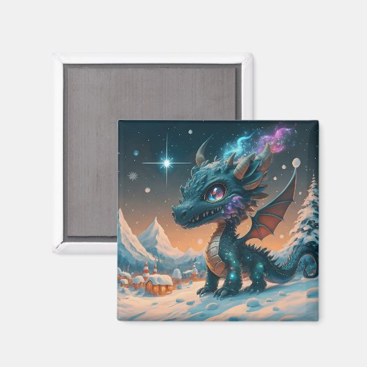 Mystiek Chibi Dragon Winterlandschap Magneet (Voorkant / Achterkant)