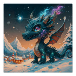 Mystiek Chibi Dragon Winterlandschap Perfect Poster