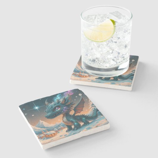 Mystiek Chibi Dragon Winterlandschap Stenen Onderzetter (Zijkant)